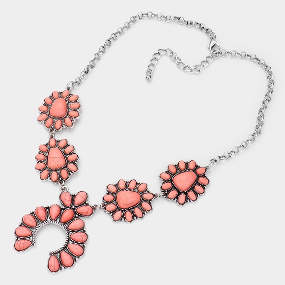 Pink Natural Stone Antique Metal Squash Blossom Necklace Earrings Jewelry Set - Picture 2 of 2